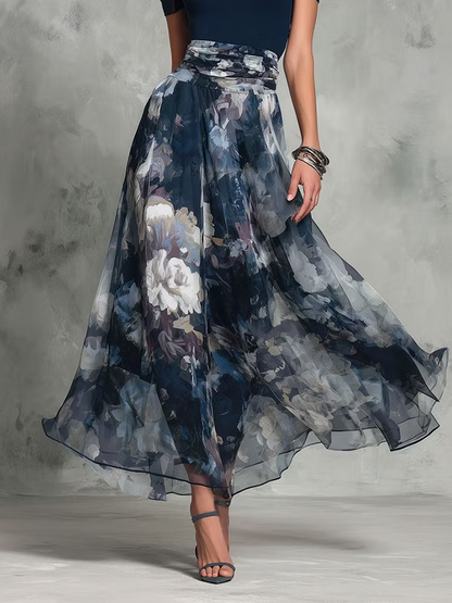 Blue Floral Print Square Neck Belted A Line Elegant Maxi Dress