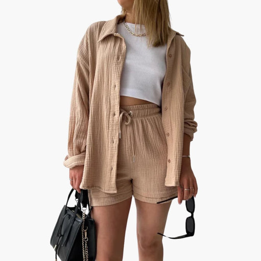 Women's Three-Piece Set |  Button-front Shirt, Top, and Shorts