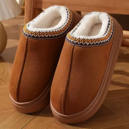 Comfortable Slippers for Women with Faux Shearling Collar Braided Trim Backless Mule Style