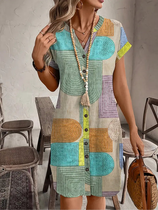 Women's Boho Mini Dress | Button-Front V-Neck