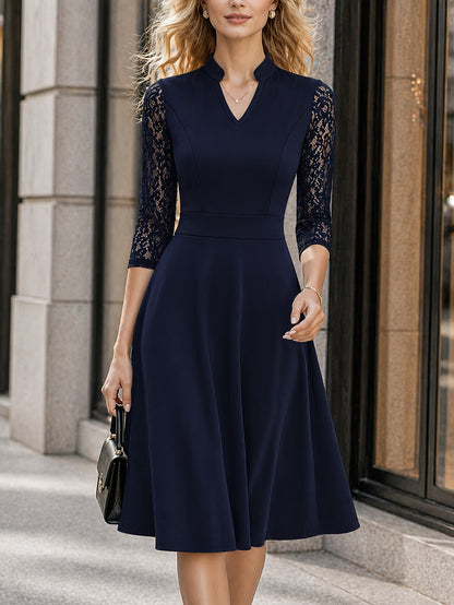 Women's Slim-fit Dress, Elegant Tailored Design, Suitable for Both Commuting and Parties, Long Sleeves with Lace Detailing, Waist-cinching Design, Mid-length for Autumn and Winter Workwear