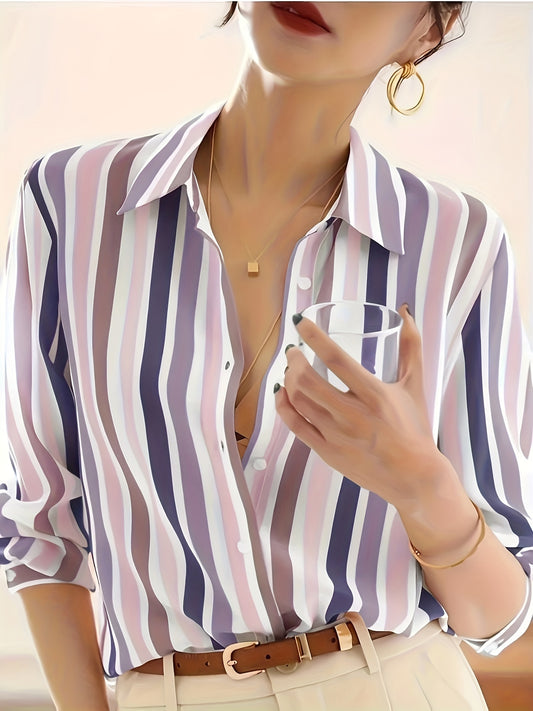 Women'S Casual Striped Shirt, Button-Up Design, Made Of, Suitable for Spring, Summer, And Autumn Casual Or Formal Wear | Classic Lapel Fashion Button-Up, Elegant Women'S Shirt, Beautiful Women'S Shirt, Autumn Women'S Top Trend, Women'S Clothing
