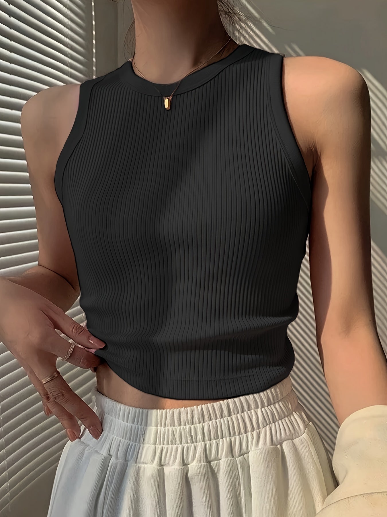 Women's Elegant Casual Ribbed Tank Top - Sleeveless Boat Neck Summer Top with Moderate Stretch, Solid Color Versatile Wear for Casual or Formal Outfits, Ladies Tank Tops, Warm Weather Outfit, Ribbed Texture, Stretchy Fabric, Stylish Ladies