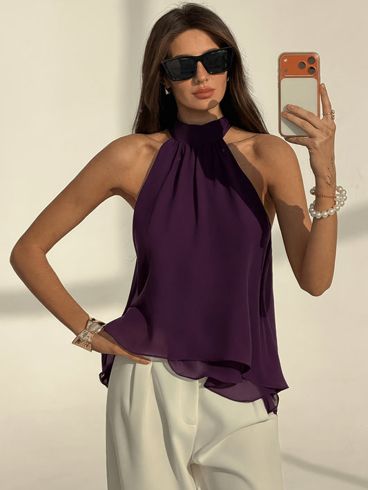 Plum Purple Sexy Bohemian Minimalist Off-Shoulder Ruched Chiffon A-Line Women'S Top, Spring/Summer Style, Spring Women'S Wear, Beach Vacation Outfit, Summer Holiday Attire, Casual Top, Women'S Vacation Wear