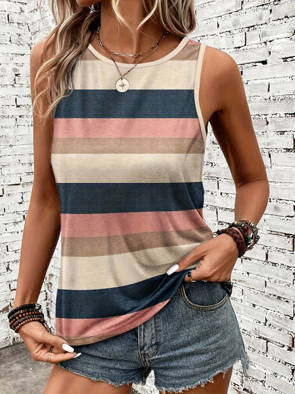 Summer Women'S Base Layer Versatile Striped Women'S Short Sleeve T-Shirt Tank Top Round Neck