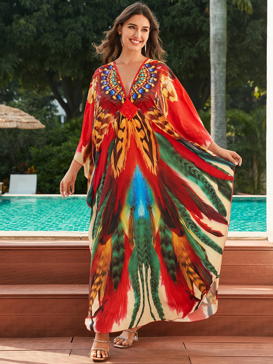 colorful printed women beach kaftans maxi dresses waved summer holiday bathing suits