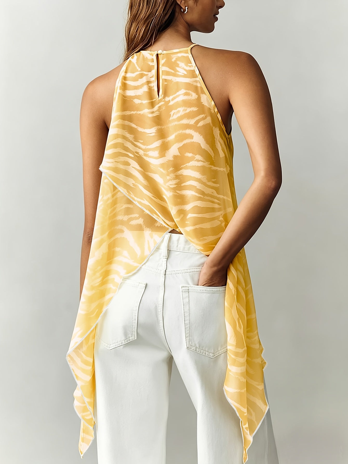 Women'S Summer Elegant Off-Shoulder Brown Zebra Print Chiffon Halter Top