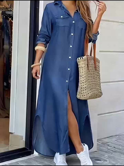 Women's Button-Up Collared Shirt Dress with Three-Quarter Sleeves, Casual Loose Summer Cover-Up Dress with Slit denim dress