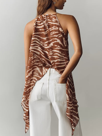 Women'S Summer Elegant Off-Shoulder Brown Zebra Print Chiffon Halter Top