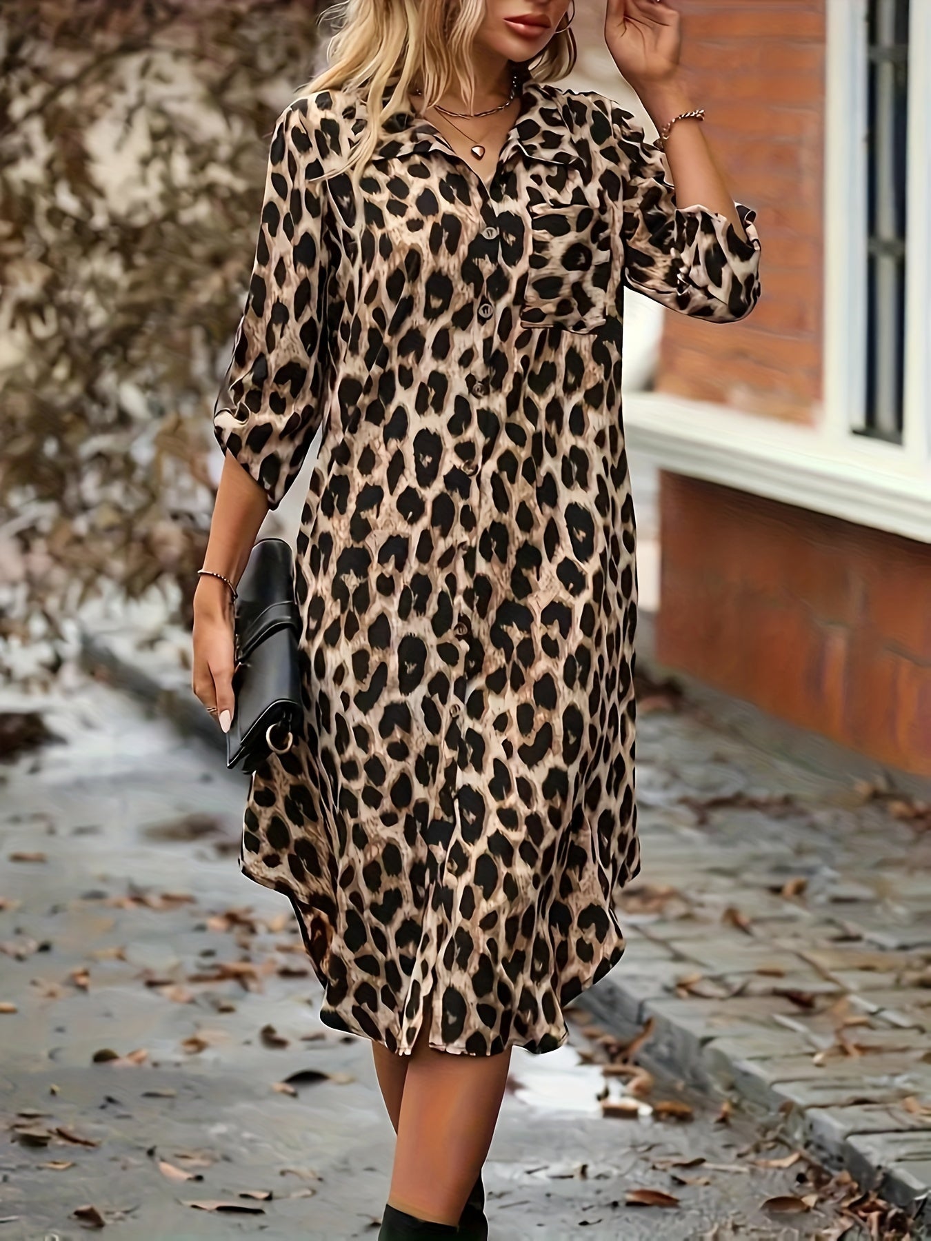 A Leopard Print Button-Up Shirt Dress, Elegant Women'S Wear