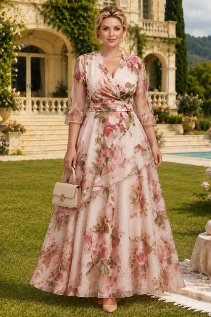 Flycurvy Plus Size Wedding Guest Pink Organza Floral Print Wrap 3/4 Sleeve Layered Asymmetrical Hem Maxi Dress