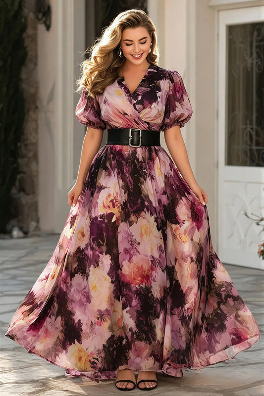 Flycurvy Plus Size Wedding Guest Purple Chiffon Floral Print Wrap Puff Sleeve Maxi Dress With Belt