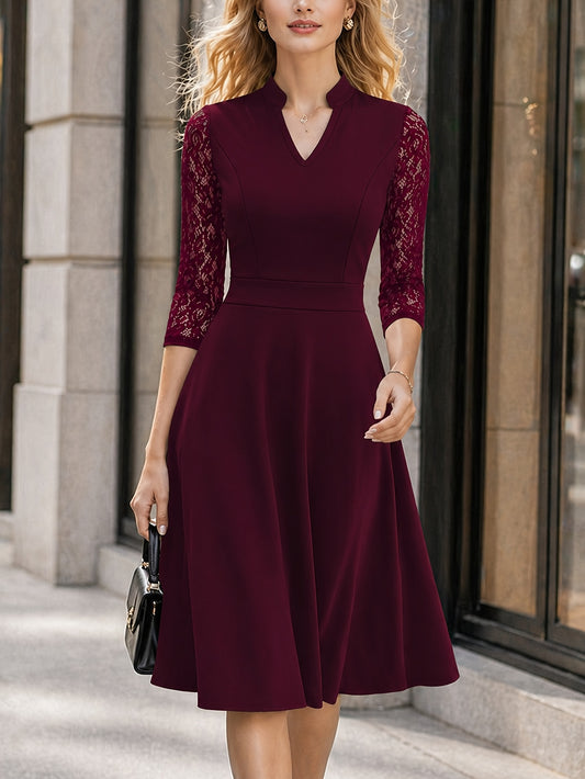 Women's Slim-fit Dress, Elegant Tailored Design, Suitable for Both Commuting and Parties, Long Sleeves with Lace Detailing, Waist-cinching Design, Mid-length for Autumn and Winter Workwear