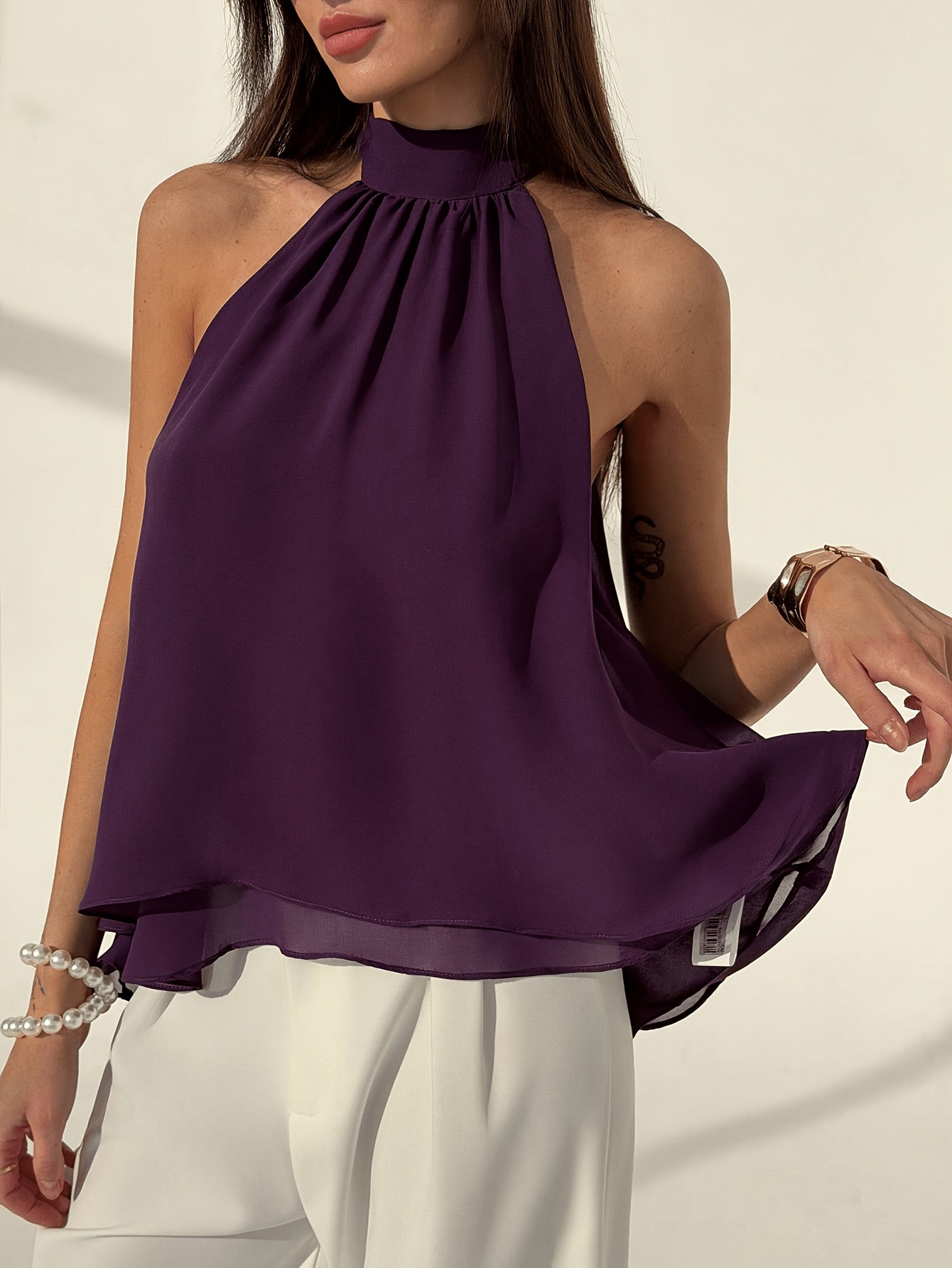 Plum Purple Sexy Bohemian Minimalist Off-Shoulder Ruched Chiffon A-Line Women'S Top, Spring/Summer Style, Spring Women'S Wear, Beach Vacation Outfit, Summer Holiday Attire, Casual Top, Women'S Vacation Wear