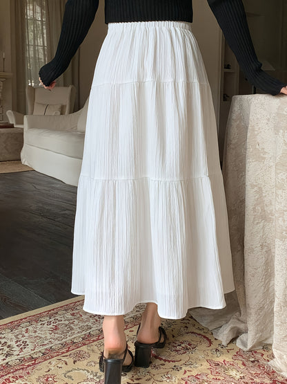 Midi Skirt Summer Cake High Waist New Elastic Mid-Length Large Swing Skirt White