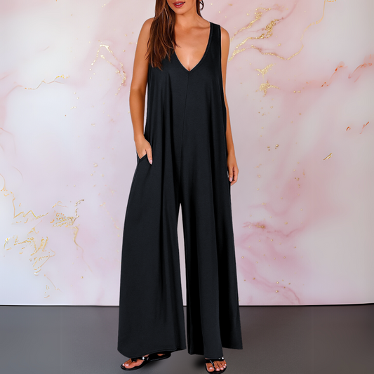 Onyx | Women's V-Neck Sleeveless Wide Leg Jumpsuit with Pockets