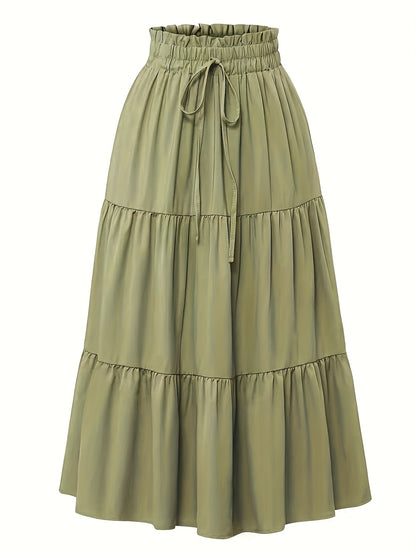 Women's Olive Green Pleated Midi Skirt - Lightweight Adjustable Drawstring Waist, Hand Washable Spring/Summer Elegant Solid Color Skirt for Casual & Formal Outfits, Casual Attire, Nontransparent Fabric, Spring Fashion, Classic Style, Breathable Material,