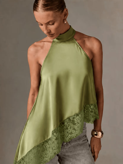 Irregular Patchwork Lace Neckline Halter Top, Women's Elegant Vest