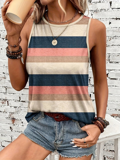 Summer Women'S Base Layer Versatile Striped Women'S Short Sleeve T-Shirt Tank Top Round Neck