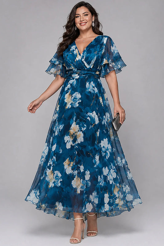 Flycurvy Plus Size Wedding Guest Blue Chiffon Floral Print Wrap Layered Flutter Sleeve Maxi Dress