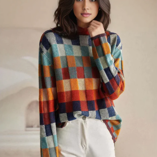 Amara | Women's Checkered Color-Block Mock Neck Sweater