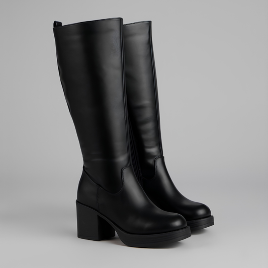 Elegant Knee High Boots for Women with Round Toe Side Zip Block Heel Leather Look Style