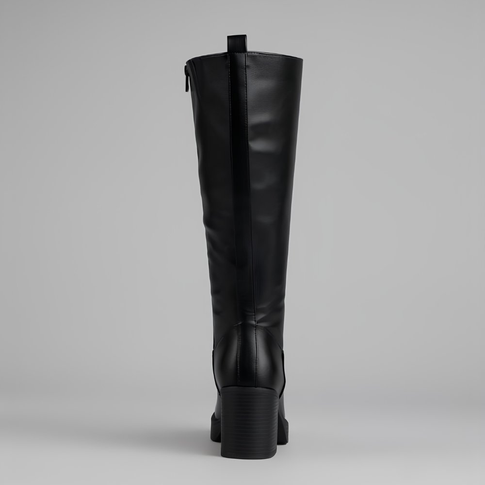 Elegant Knee High Boots for Women with Round Toe Side Zip Block Heel Leather Look Style