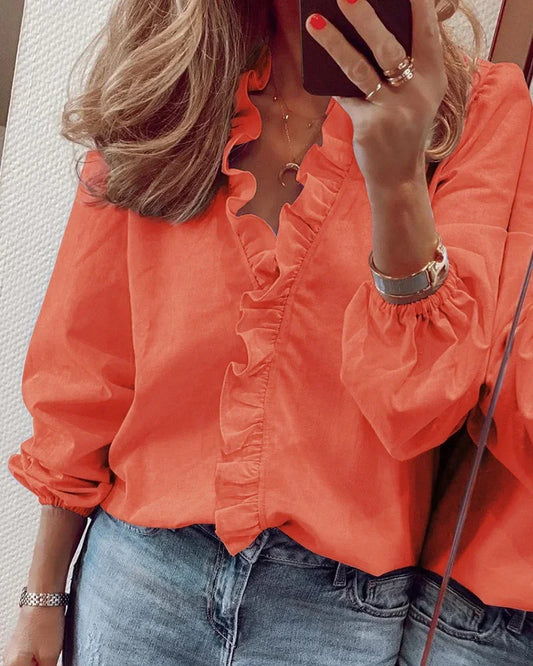 Juliet | Women's Blouse Button-Up Ruffle Trim Long Sleeve