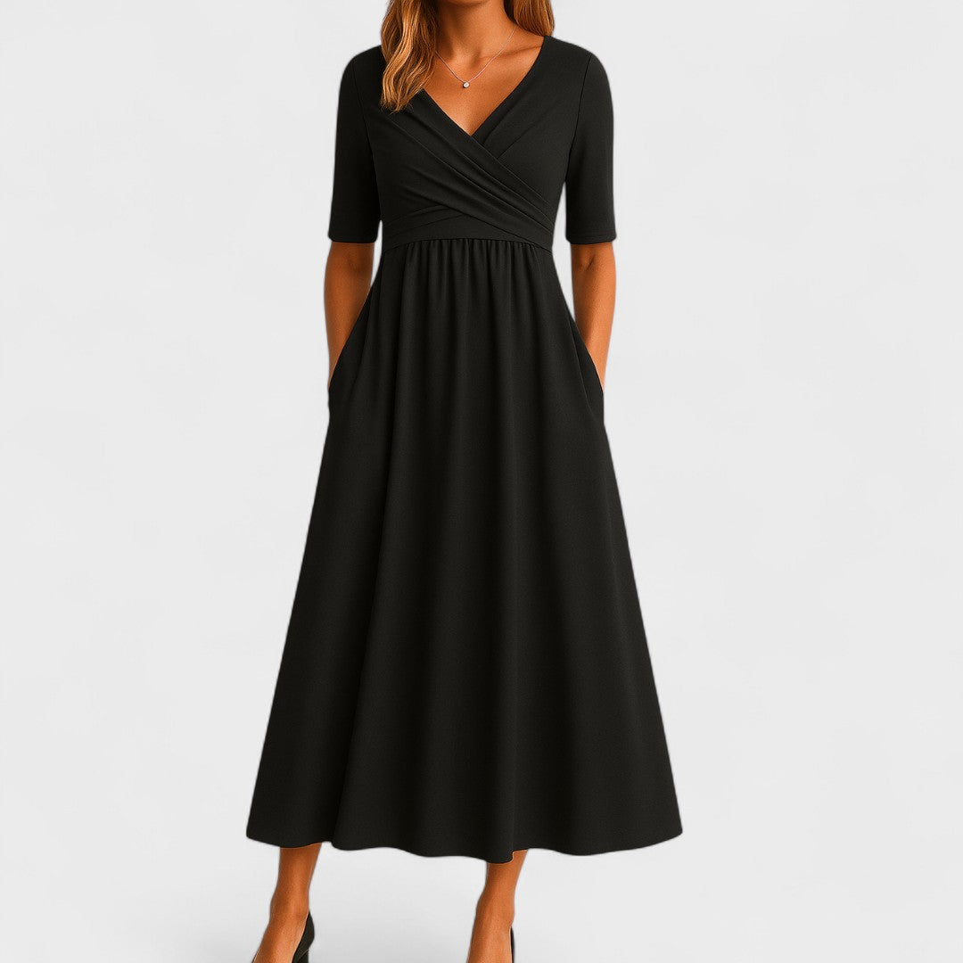 Monica | Elegant Black Semi Formal Dress for Women in A Line Wrap Style