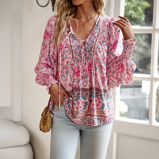 Maya | Women's Blouse Boho Floral V-Neck Long Sleeve Casual