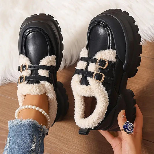 Comfortable Mary Jane Shoes for Women with Faux Fur Trim Double Buckle Strap Chunky Lug Platform Style