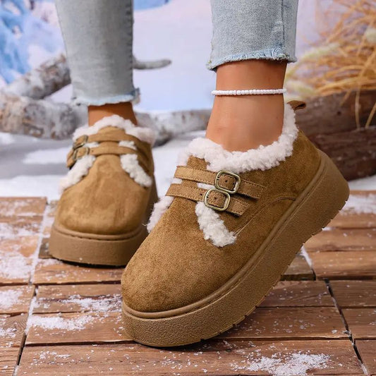 Comfortable Winter Shoes for Women with Faux Fur Lining Double Buckle Strap Platform Sole Style