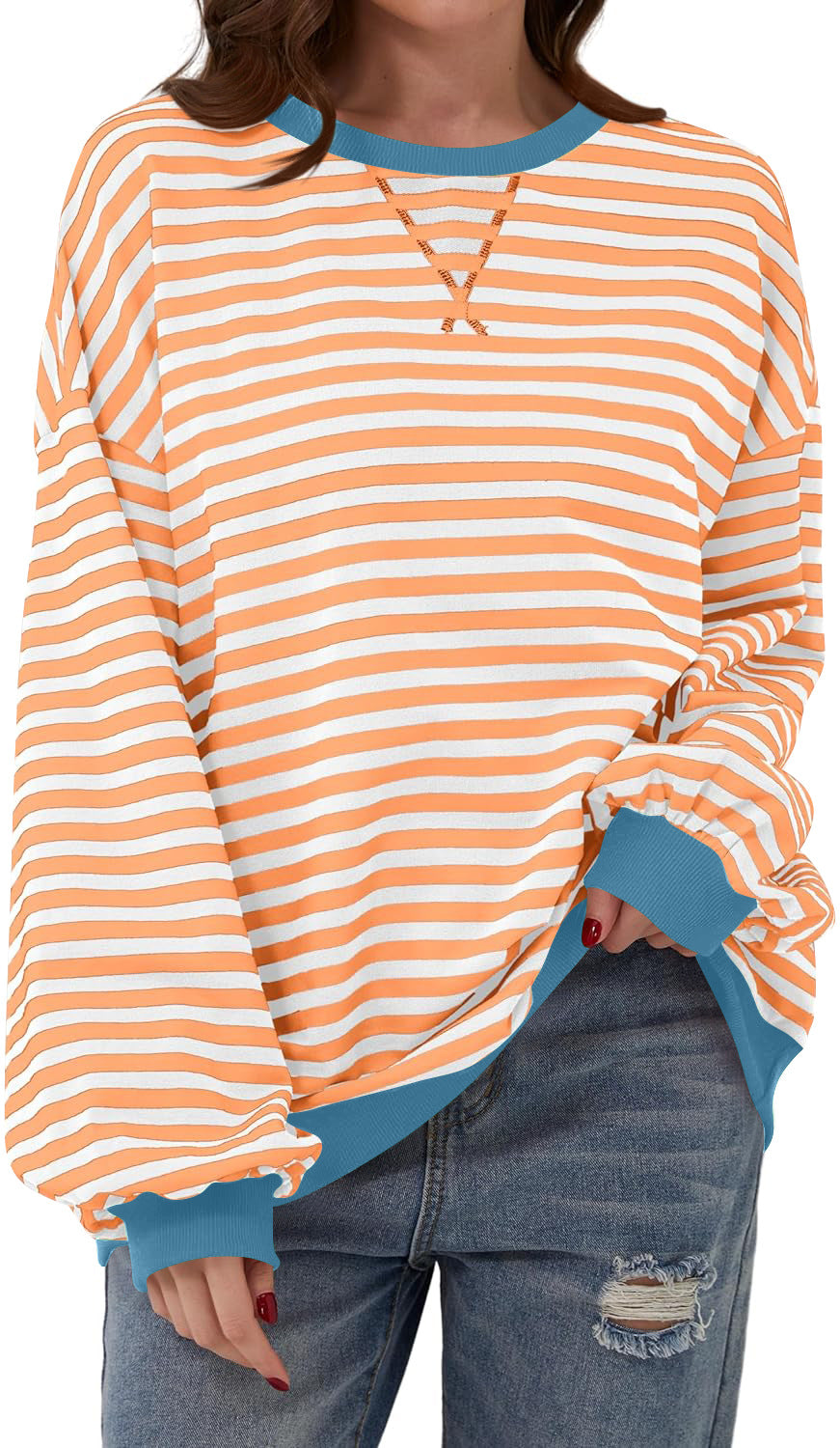 Simone | Women's Striped Contrast Crew Neck Long Sleeve Sweater