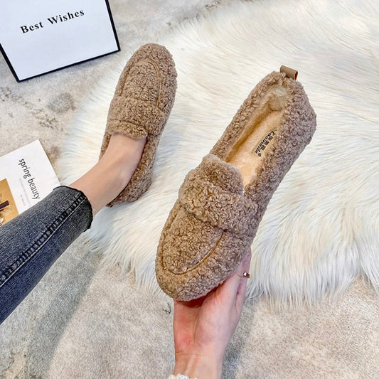 Comfortable Slippers for Women with Curly Faux Fur Upper Bow Detail Moccasin Slip On Style