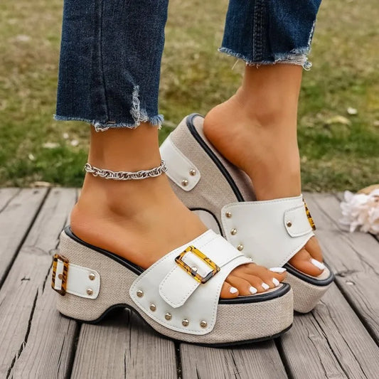 Comfortable Platform Sandals for Women with Double Buckle Strap Studded Wood Look Slide Style