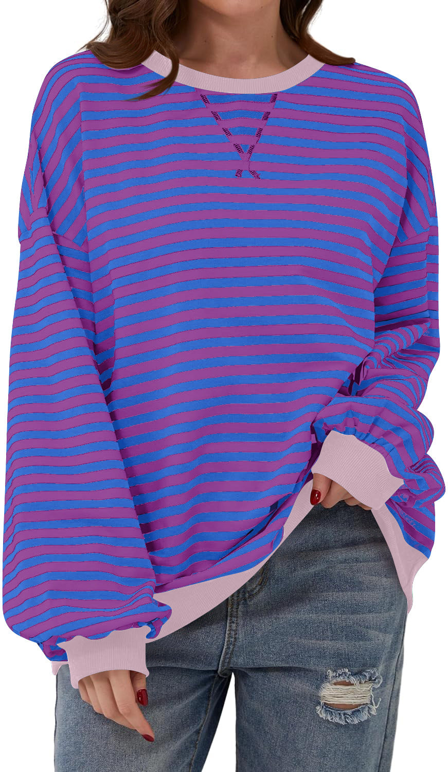 Simone | Women's Striped Contrast Crew Neck Long Sleeve Sweater