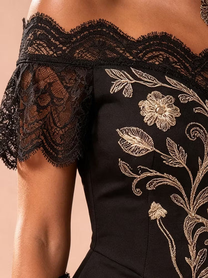 Elegant Black Dress for Women with Gold Embroidery Lace Panel Asymmetrical Hem