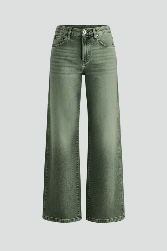 Stylish Army Green Jeans for Women with High Rise Wide Leg Relaxed Fit Flare Casual Jean Style