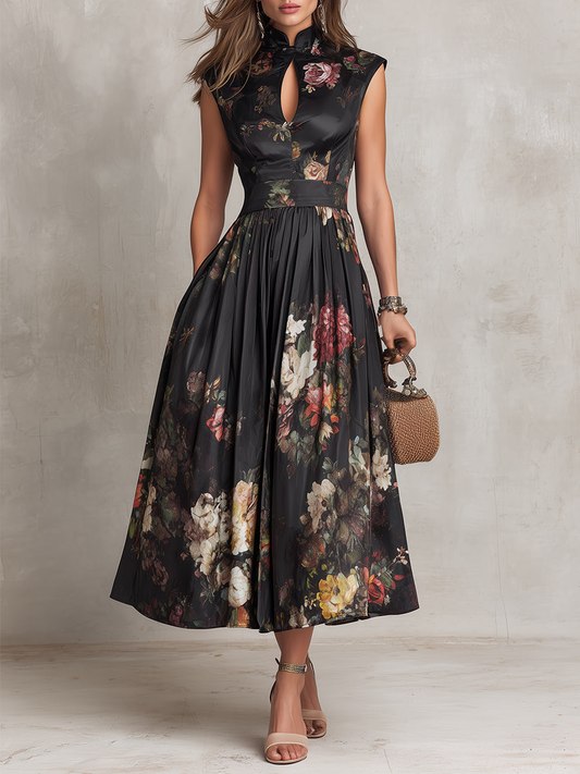 Elegant Black Floral Dress for Formal Wedding Guest Style with A Line Midi Skirt