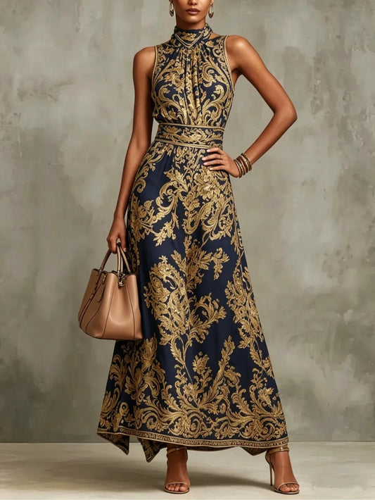 Navy Blue And Gold Baroque Print Halter Neck Sleeveless Maxi Dress