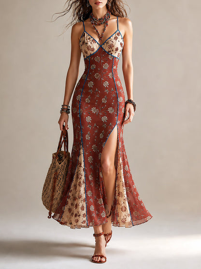 Rust-red Floral Print Chiffon High-slit Spaghetti Strap Maxi Dress
