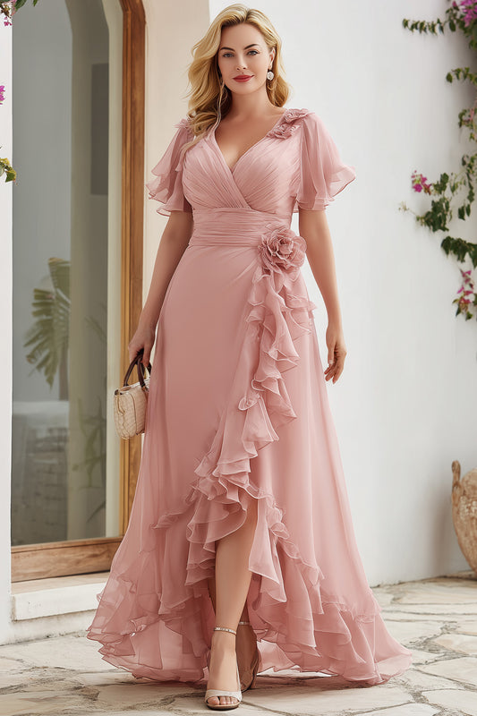Flycurvy Plus Size Wedding Guest Blush Pink Chiffon Wrap Flutter Sleeve Slit Ruffle Hem Maxi Dress