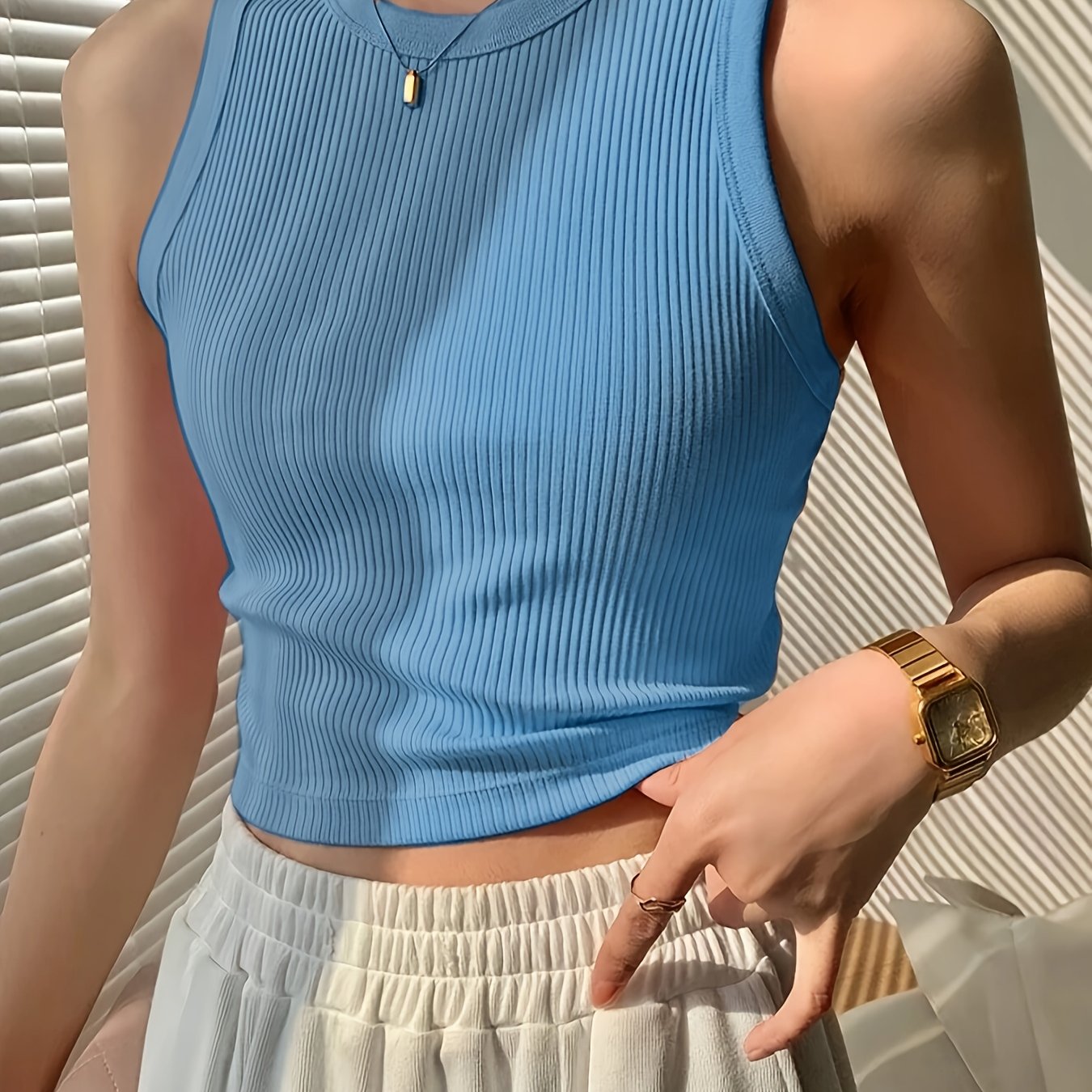 Women's Elegant Casual Ribbed Tank Top - Sleeveless Boat Neck Summer Top with Moderate Stretch, Solid Color Versatile Wear for Casual or Formal Outfits, Ladies Tank Tops, Warm Weather Outfit, Ribbed Texture, Stretchy Fabric, Stylish Ladies
