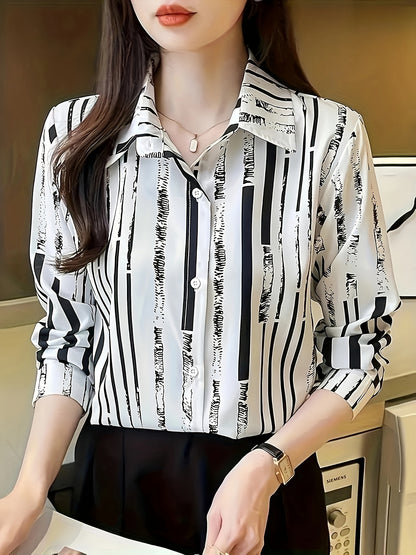 Women'S Casual Striped Shirt, Button-Up Design, Made Of, Suitable for Spring, Summer, And Autumn Casual Or Formal Wear | Classic Lapel Fashion Button-Up, Elegant Women'S Shirt, Beautiful Women'S Shirt, Autumn Women'S Top Trend, Women'S Clothing