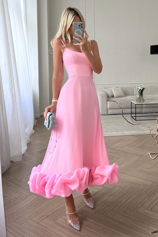 Amorette | Women's Spaghetti Strap Ruffle Hem Midi Dress