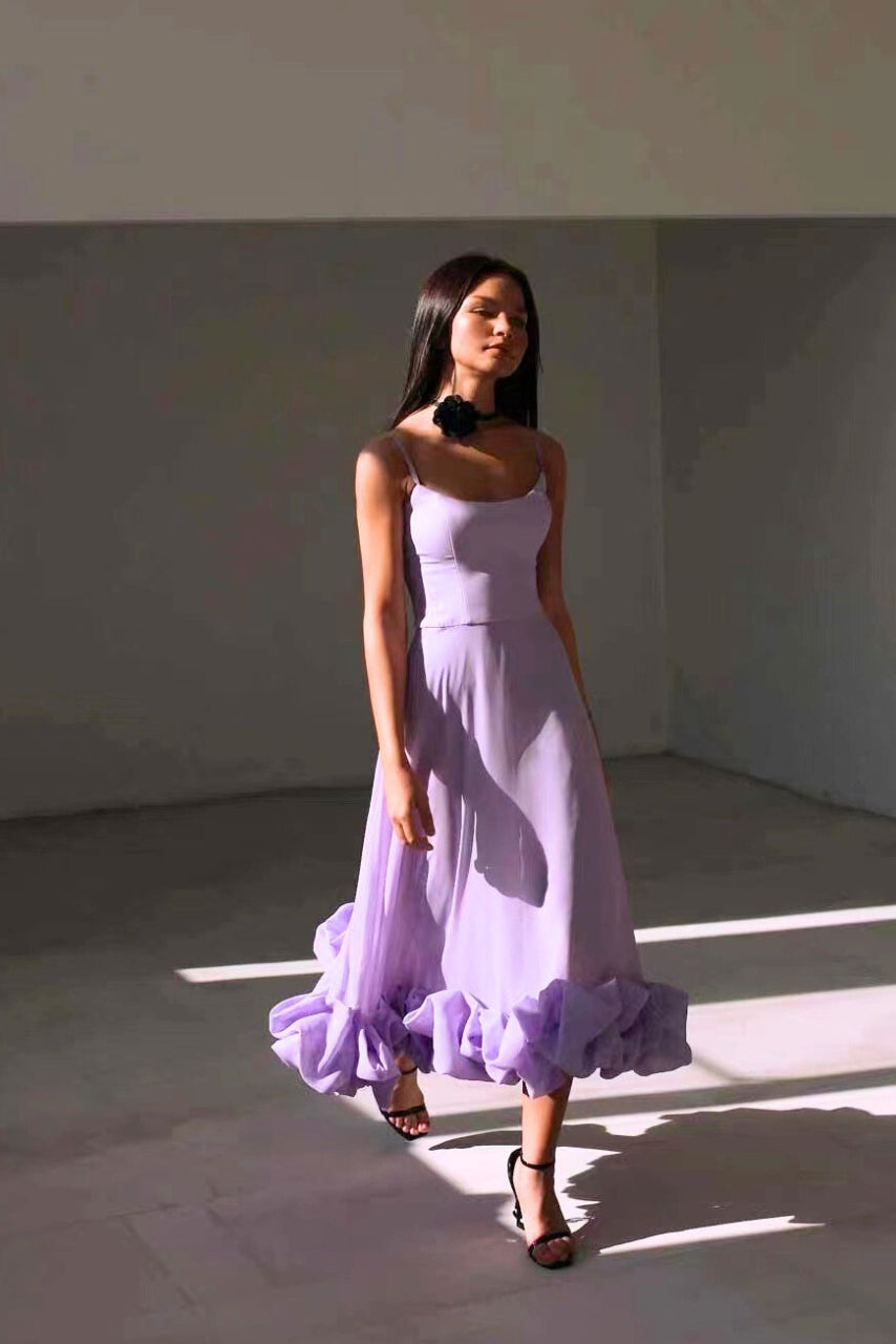 Amorette | Women's Spaghetti Strap Ruffle Hem Midi Dress