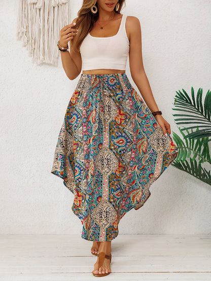 2026 Spring/Summer Bohemian Print Midi Skirt for Women, Elastic High Waist, Irregular Curved Hem, Flared Midi Dress, Vintage Ethnic Style, Vacation,, Flowy, Beach, Casual Skirt