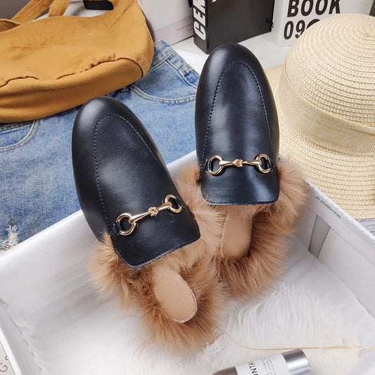 Comfortable Mules for Women with Faux Fur Lining Buckle Detail Slip On Style