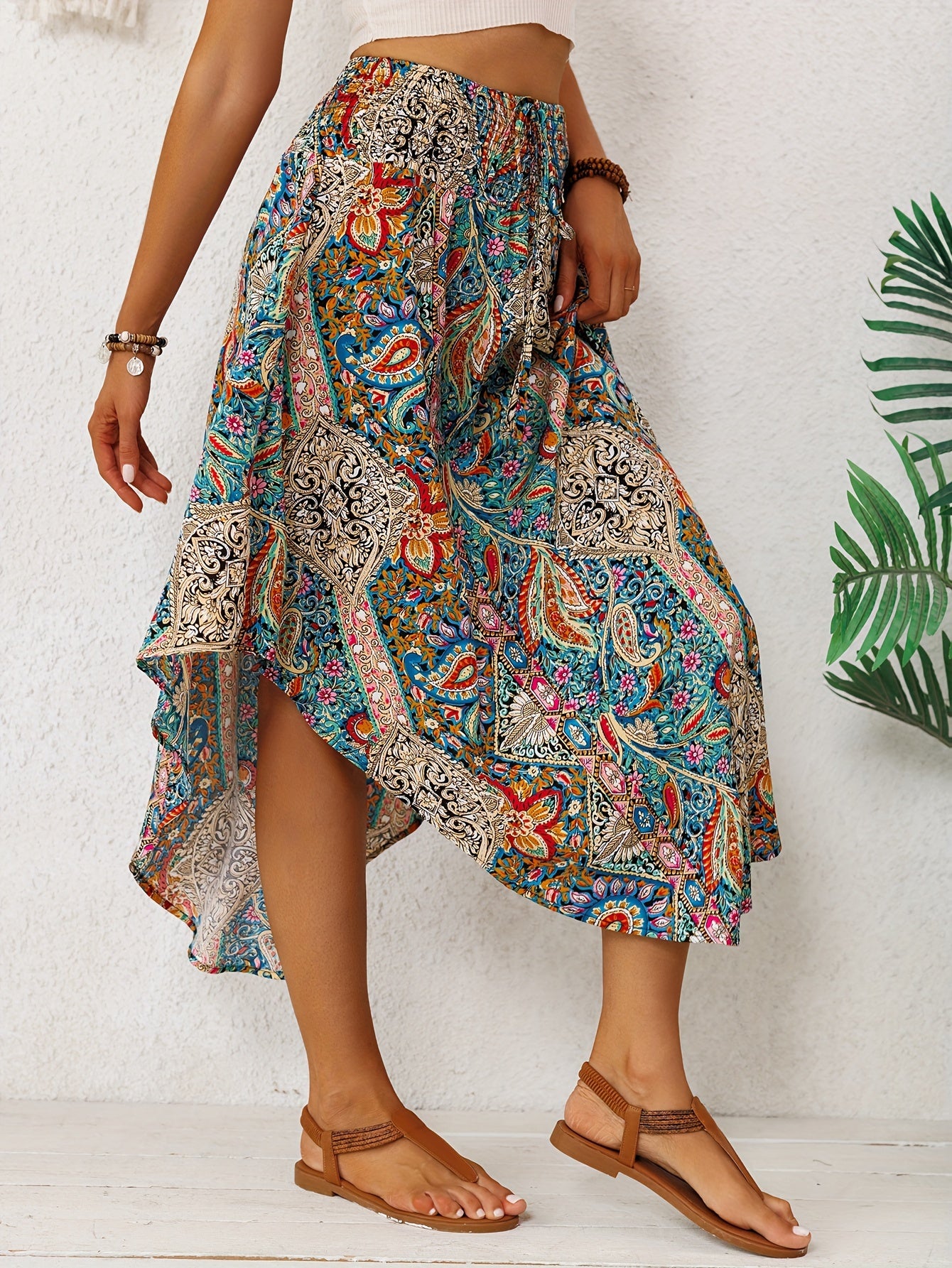2026 Spring/Summer Bohemian Print Midi Skirt for Women, Elastic High Waist, Irregular Curved Hem, Flared Midi Dress, Vintage Ethnic Style, Vacation,, Flowy, Beach, Casual Skirt