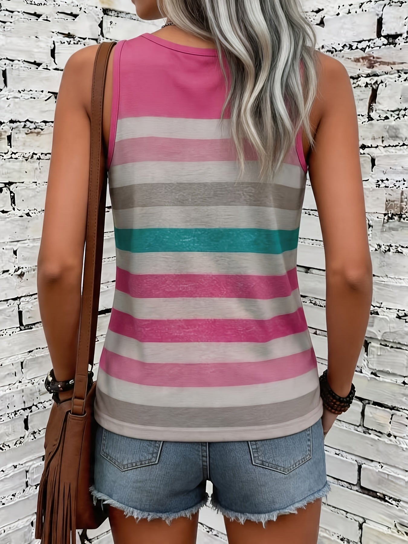 Women's New Summer Fashion Casual Round Neck Sleeveless Vacation Colorful Striped Print Tank Top